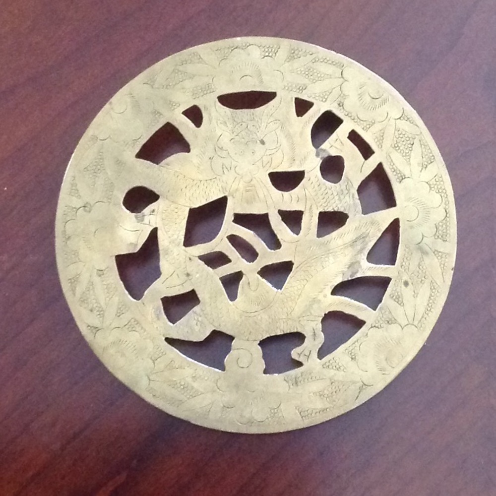 5.5" Ornate Antique Brass Trivet - Dragon Design